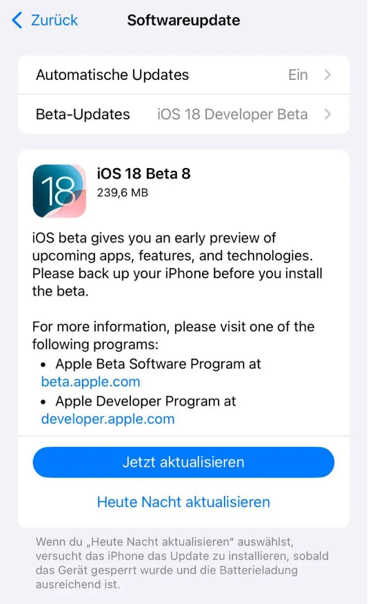 铅山苹果手机维修分享苹果 iOS / iPadOS 18 开发者预览版 Beta 8 发布 